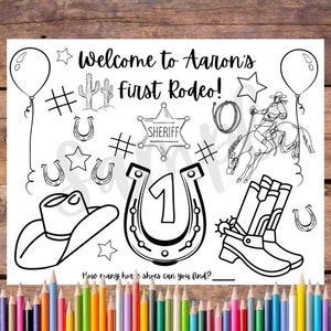 Customizable First Rodeo Birthday Printable Coloring Page, Cowboy Party Favor, My First Rodeo Party Activity, Western Placemat
