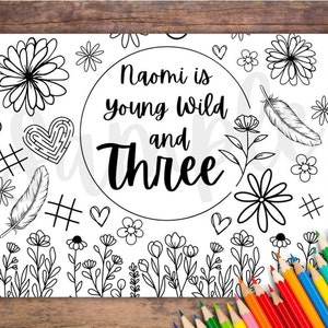 Customizable Young Wild and Three Printable Coloring Page, Young Wild and Three Party, Third Birthday, Placemat, Printable Party Favor