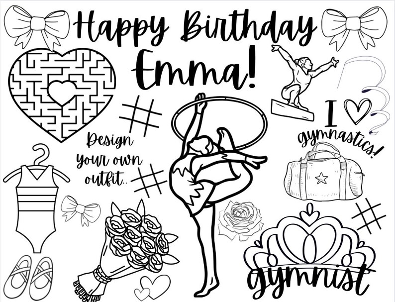 Customizable Gymnastics Printable Coloring and Activity Page, Gymnastics Birthday Party ...