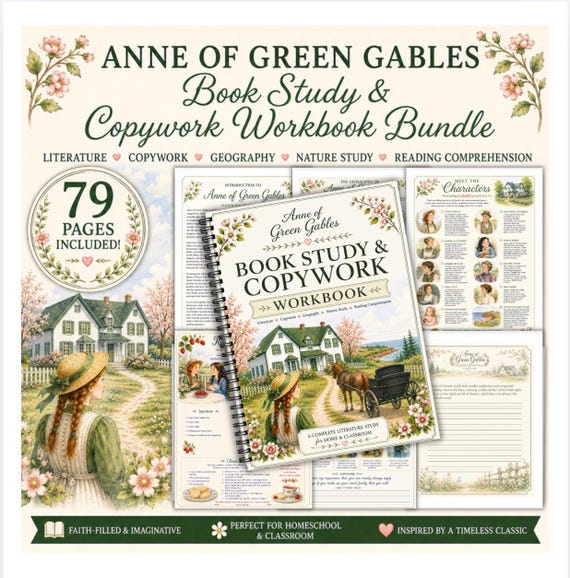Anne of Green Gables Book Study and Copywork Workbook | Homeschool Literature Unit | Geography, Poetry, Copywork, Recipes & Book Discussion
