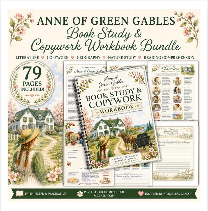 May include: A spiral-bound Anne of Green Gables book study and copywork workbook bundle featuring 79 pages. The cover displays a green house, a horse-drawn carriage, and a girl with braided hair. Includes literature, geography, and nature study pages.