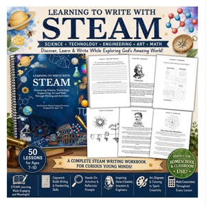May include: A spiral-bound educational workbook titled Learning to Write with STEAM, featuring a dark blue cover with scientific illustrations. The set includes interior pages with lessons on history, science, and writing for ages 7-10.