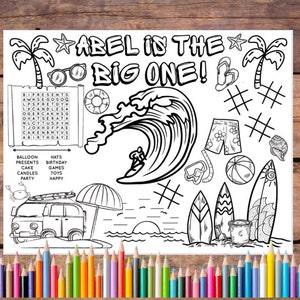 Customizable The Big One Surfing Birthday Printable Coloring Page, Big One Wave Party Favor, Beach Party Activity, Surfing Party, Activity