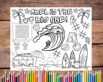 Customizable The Big One Surfing Birthday Printable Coloring Page, Big One Wave Party Favor, Beach Party Activity, Surfing Party, Activity