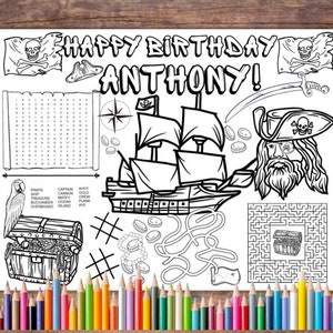 Customizable Pirate Party Birthday Printable Coloring Page, Pirate Party Favor, Pirate Party Activity, Pirate Party, Birthday Activity Page