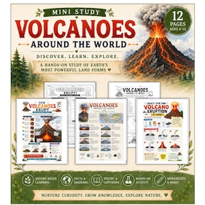 Könnte beinhalten: Ein 12-seitiges pädagogisches Mini-Studienheft mit dem Titel Volcanoes Around the World, das illustrierte Arbeitsblätter, Diagramme und Anleitungen für ein Vulkanausbruch-Experiment enthält. Die Seiten zeigen Texte, Karten und Grafiken.