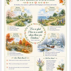 May include: A decorative poster titled Four Seasons in Avonlea featuring four seasonal illustrations, descriptive text, and a central quote from Anne of Green Gables. The artwork includes floral borders, seasonal landscapes, and prompts for reflection.