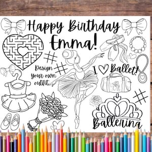 Pagina da colorare stampabile balletto personalizzabile, foglio attività ballerina, festa di balletto