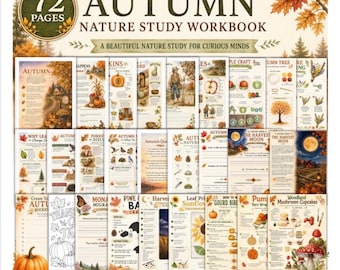 May include: A 72-page Autumn Nature Study Workbook featuring various educational activity sheets with illustrations of pumpkins, leaves, mushrooms, and woodland scenes. The cover displays the title in brown text with autumn foliage accents.