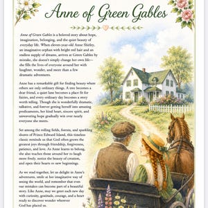 May include: A decorative print titled Introduction to Anne of Green Gables featuring text about the story, floral borders, and an illustration of a person with red braids and a person in a cap riding in a horse-drawn carriage toward a house.