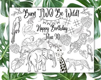 Customizable Born Two Be Wild Birthday Party printable, Born 2 Be Wild, Personalized Birthday Placemat, Custom Coloring Page, Jungle