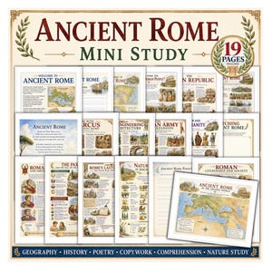 May include: A collection of 19 educational pages titled Ancient Rome Mini Study, featuring historical text, maps, and illustrations of Roman architecture, society, and geography. The pages are arranged in a grid, showcasing various topics.