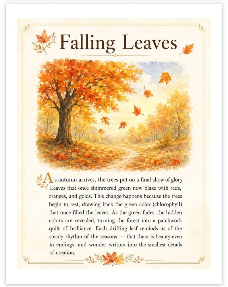 May include: A rectangular print titled Falling Leaves featuring a watercolor illustration of an autumn forest with orange and red trees. The text describes the seasonal change of leaves, framed by a decorative border with small leaf illustrations.