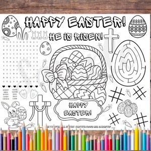 Instant Download Easter Printable Coloring Page He is Risen Activity Sheet, Placemat, Easter Party Favor