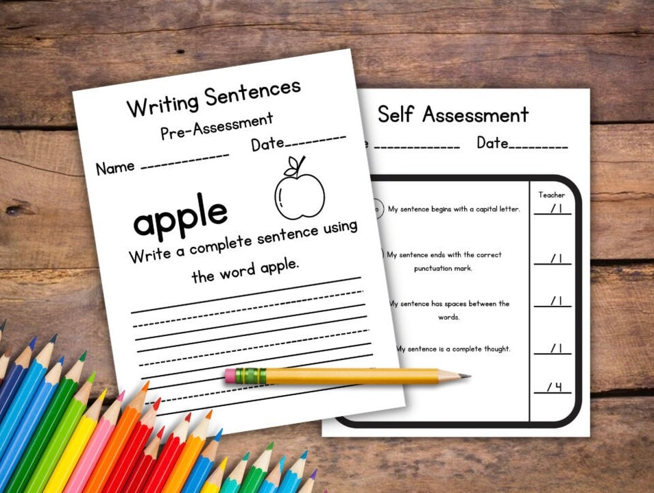 27 Sentence Practice Pages w/ Self and Teacher Assessment Pages, Instant Download, Writing Practice, Spelling, Sight Words, First Grade