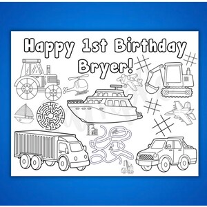 Customizable Transportation Theme Coloring Page, Party Favor, Placemat, Printable