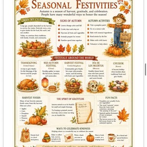 May include: An educational poster titled Seasonal Festivities featuring autumn-themed illustrations, including a scarecrow, pumpkins, and fall leaves. The text covers harvest traditions, global festivals, fun facts, and gratitude activities in a grid layout.