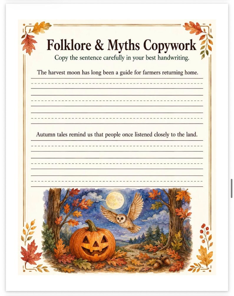 May include: A printable worksheet titled Folklore & Myths Copywork with autumn leaf borders. It features two sentences for handwriting practice and a watercolor illustration of a jack-o'-lantern, an owl, and a full moon in a forest setting.