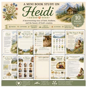 May include: A 10-page mini book study on Heidi featuring educational content including poetry, copywork, sketching prompts, geography, and activities. The pages are decorated with illustrations of alpine landscapes, wildflowers, and characters from the story.