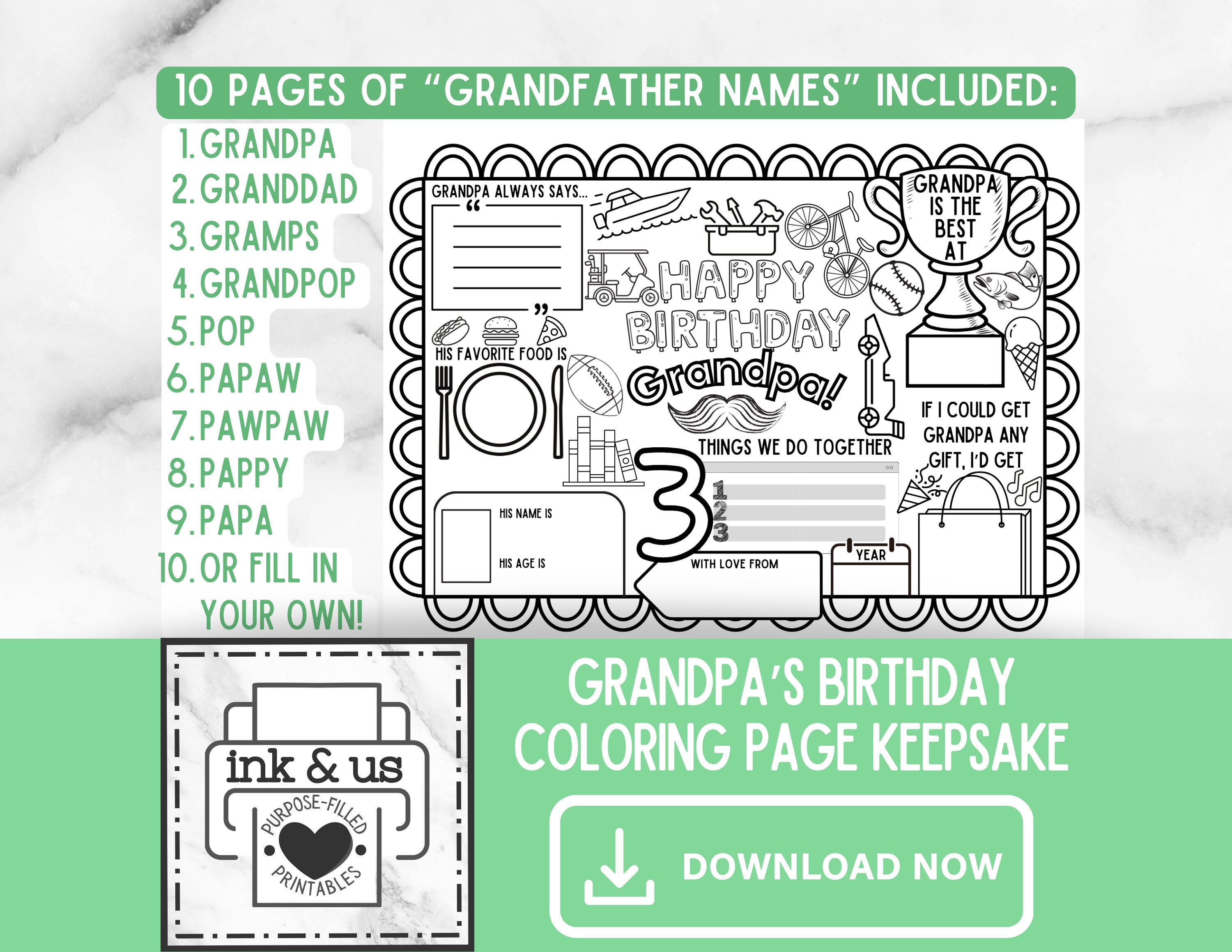 Grandpa Birthday Coloring Page Grandpa Printable Keepsake for ...