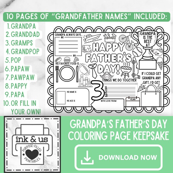 Father's Day Coloring Page for Grandpa Fathers Day Gift from Grandchild Printable Keepsake for Grandfather from Child