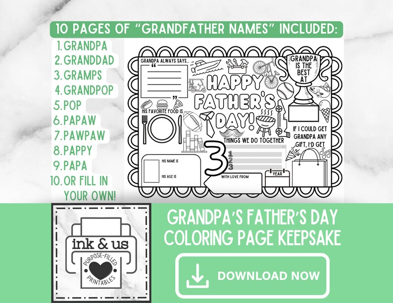 Grandpa Father's Day Printable Questionnaire All About Grandpa Coloring ...