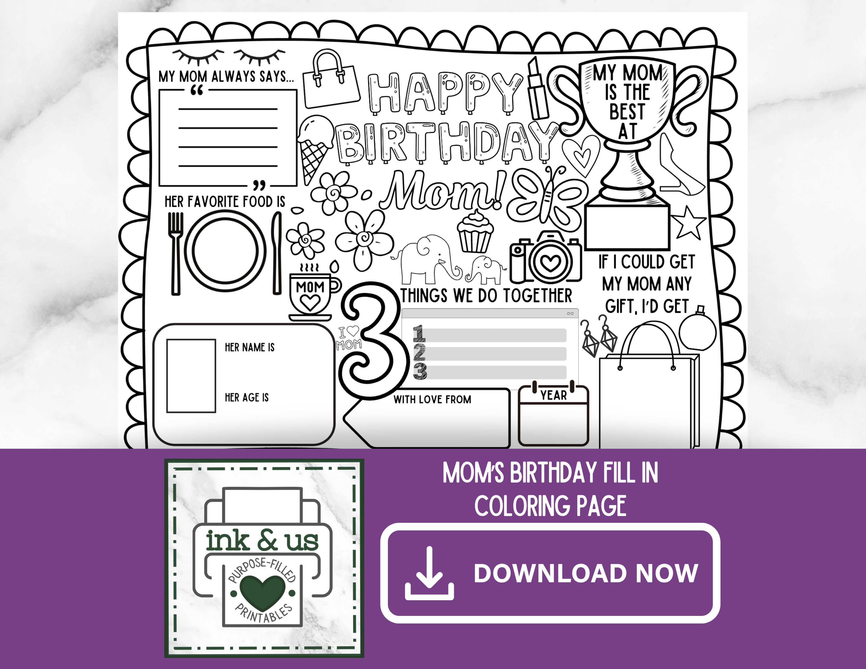 Mom Birthday Gift Coloring Page for Mom's Birthday Printable Keepsake ...