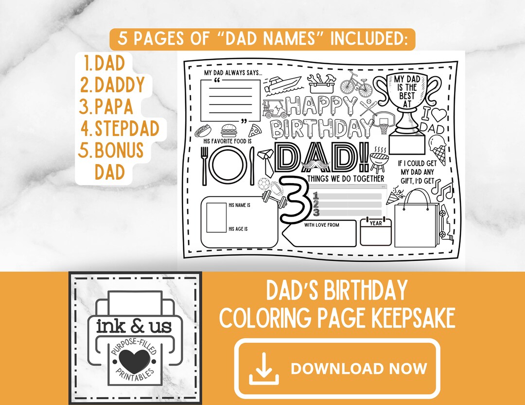 Dad Birthday Gift Coloring Page for Dad's Birthday Printable Keepsake ...