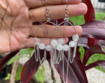 Dangle Drop Earrings, Beaded Hoop Earrings, Silver Earrings