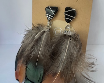 Wire Wrapped, Black Obsidian Earrings, Feather Earrings, Dangle Drop Earrings