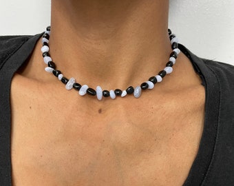 Beaded Necklace, Black Tourmaline, Blue Lace Agate, Crystal Necklace