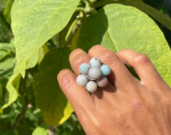 Frosted Multi Colour Amazonite, Flower Ring, Silver, Wire Wrapped