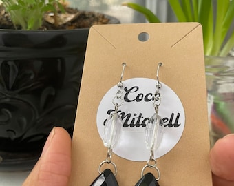 Clear Quartz Earrings, Black Obsidian Earrings, Dangle Drop Earrings
