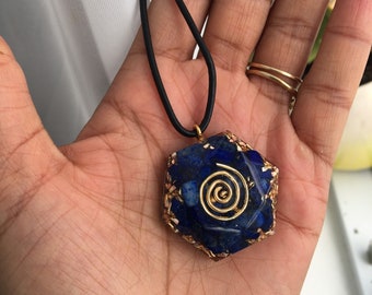 Orgonite Lapis Lazuli Pendant, Orgone Pendant, Crystal Necklace, Gold/Copper Spiral, Resin Pendant