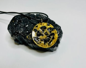 Black Tourmaline, Gold, Resin Pendant