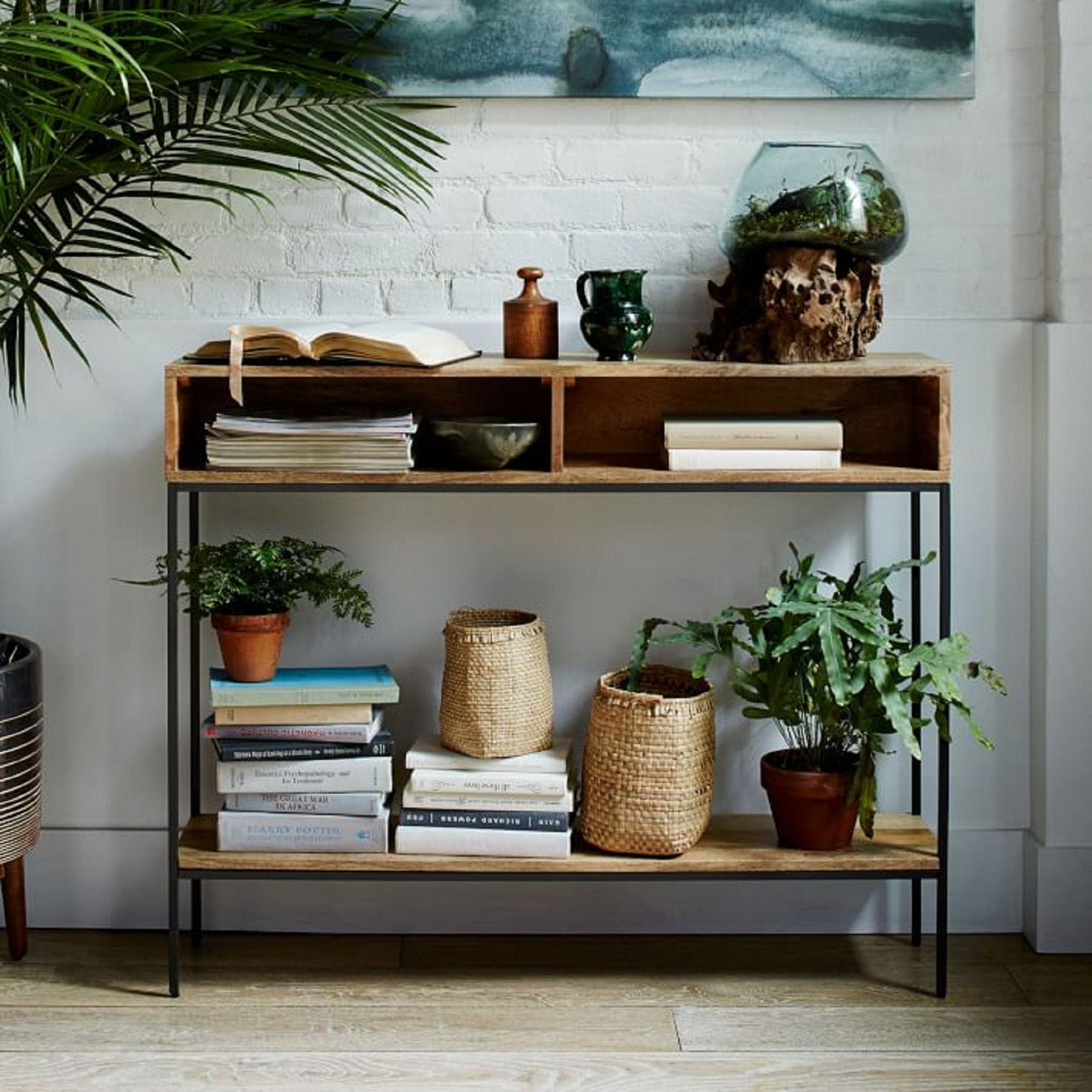 Industrial Storage Console Table Slim Hallway Table Wood and