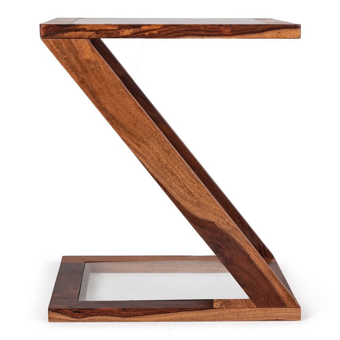 Z Shape Side Table, Z End Table, Solid Wood Side Table, Glass Top End