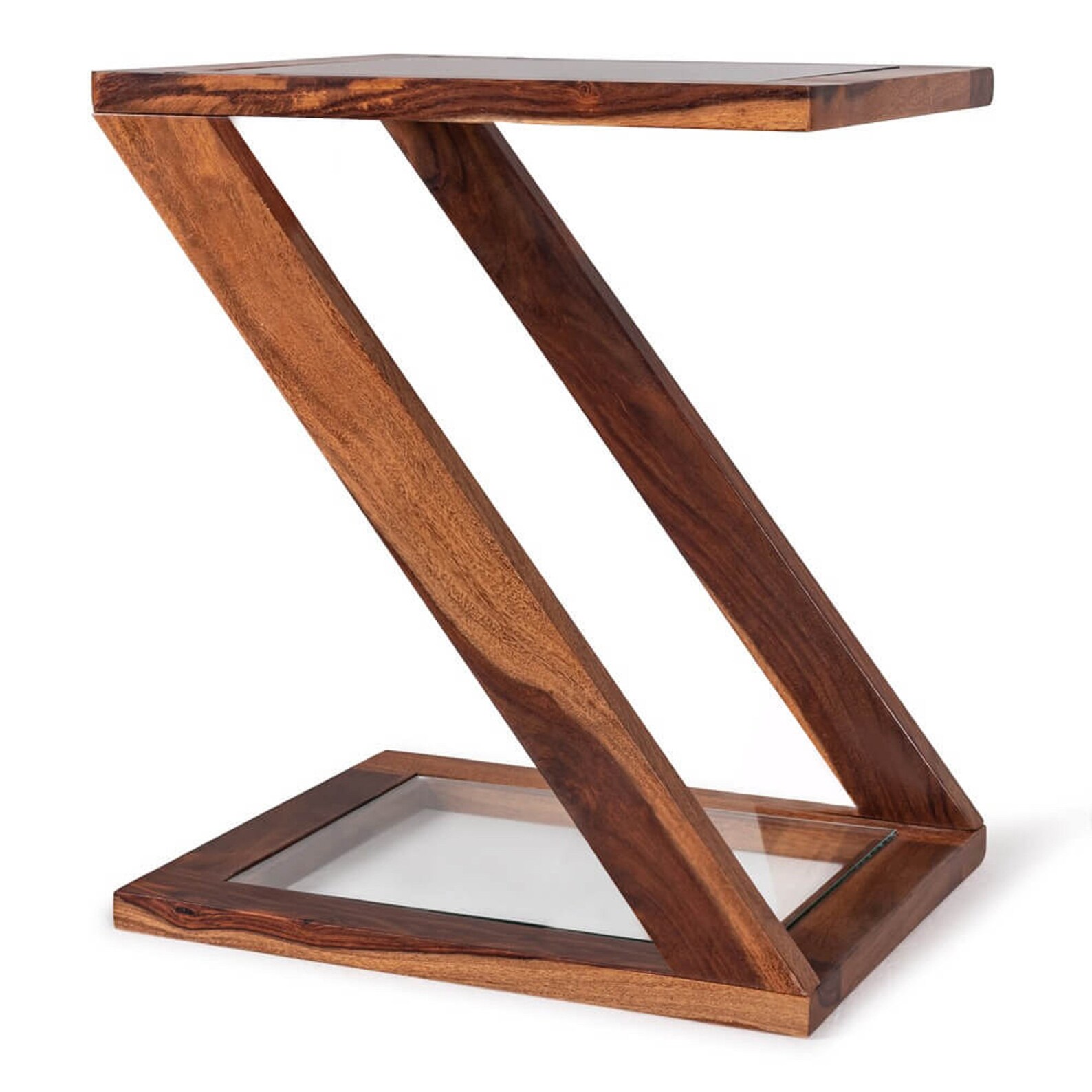 Z Shape Side Table, Z End Table, Solid Wood Side Table, Glass Top End