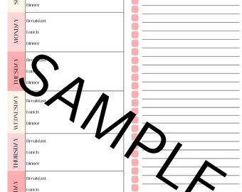 May include: A weekly meal plan template with sections for each day of the week, including breakfast, lunch, and dinner. A shopping list section is on the right. The word "SAMPLE" is printed across the centre of the page.