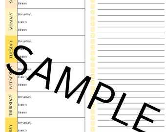 May include: A white weekly meal plan template with a yellow border. The plan includes sections for breakfast, lunch, and dinner, with a shopping list on the right. The word "SAMPLE" is printed across the image.