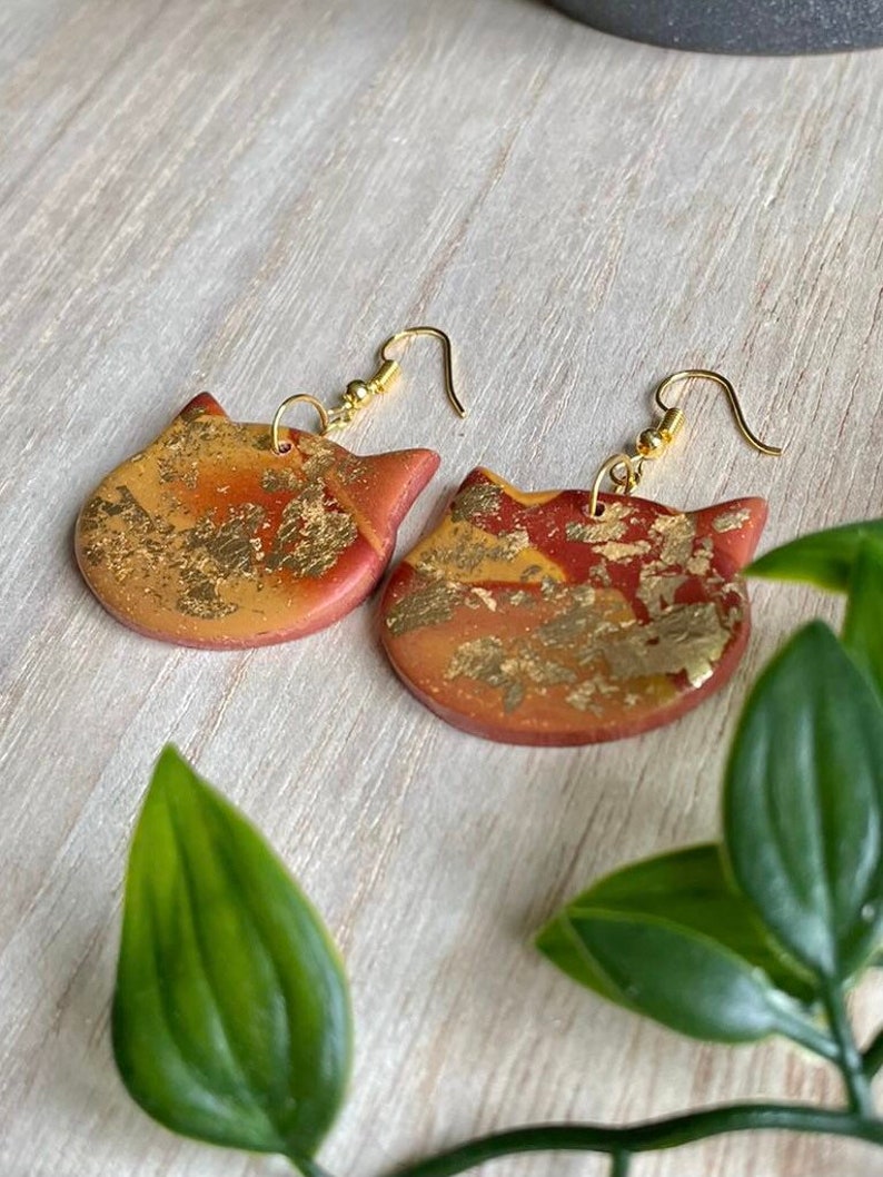 Copper and Gold Earrings Gold Tortoiseshell Cat Earrings Polymer Clay