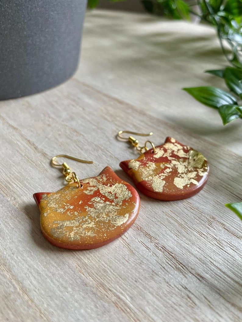Copper and Gold Earrings Gold Tortoiseshell Cat Earrings Polymer Clay