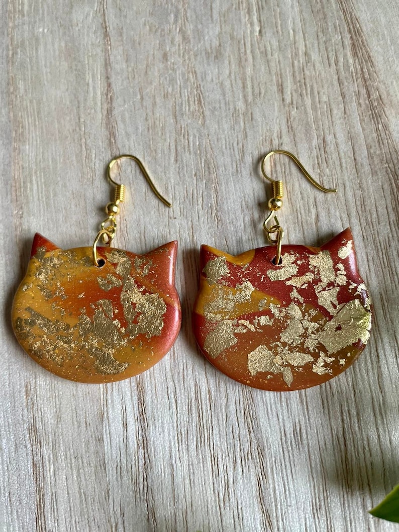 Copper and Gold Earrings Gold Tortoiseshell Cat Earrings Polymer Clay