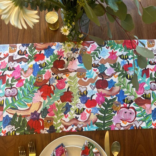 Rosh Hashanah Table Runner: Hand-Painted Cotton Jewish Decor