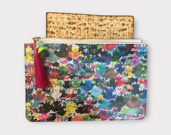 Modern Afikoman Bag - Rainbow Frogs | Passover Seder | Modern Judaica | Passover Decor | Unique Jewish Gifts - Vegan Leather