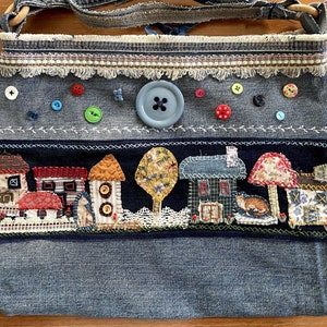 DENIM SHOULDER BAG handmade purse recycled jeans vintage denim embroidered houses crazy quilted hippie boho cotton scraps fabrics unique
