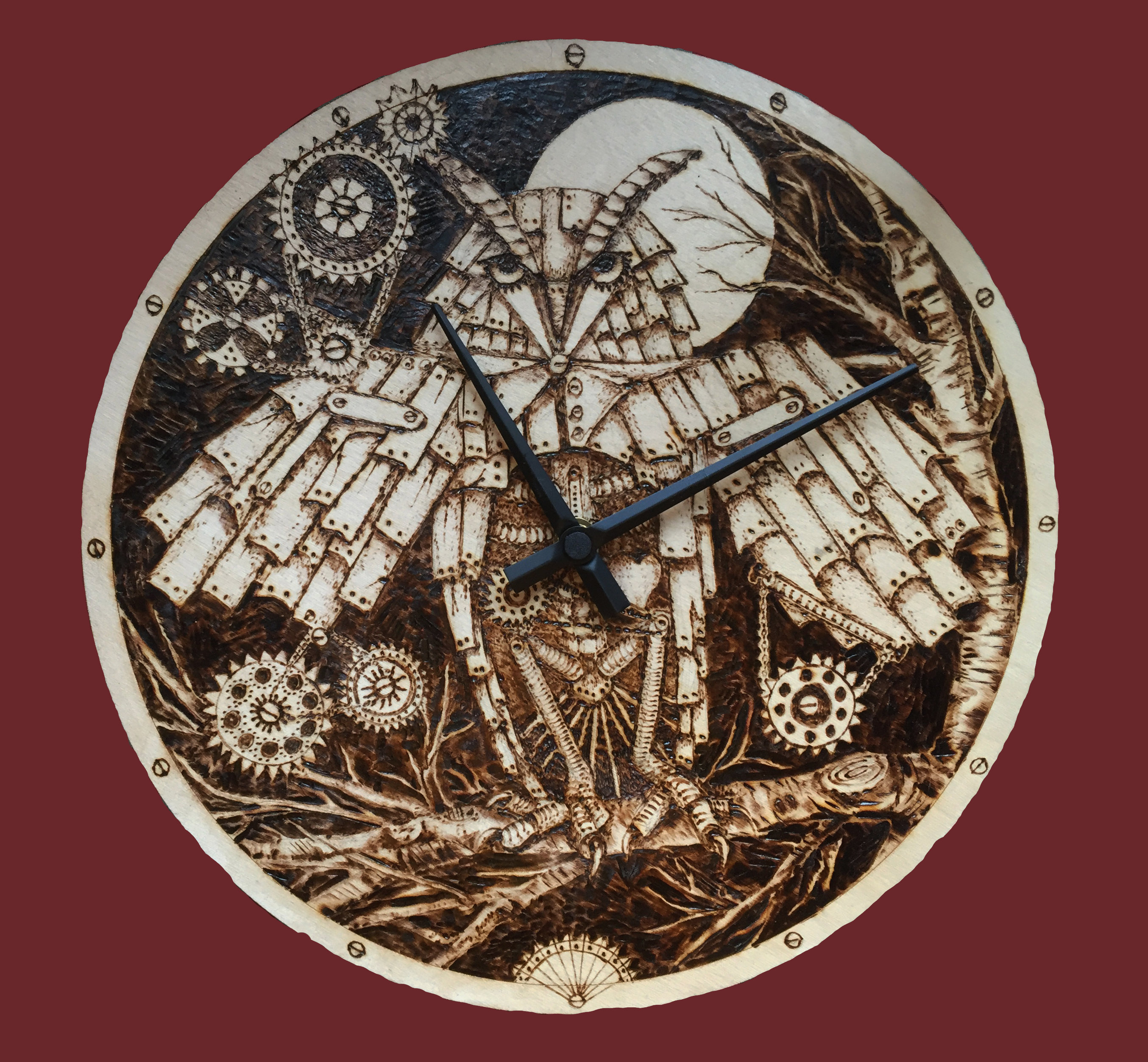 STEAMPUNK OWL CLOCK pyrographed burned by hand birch round wooden plate boho hippie shabby home wall