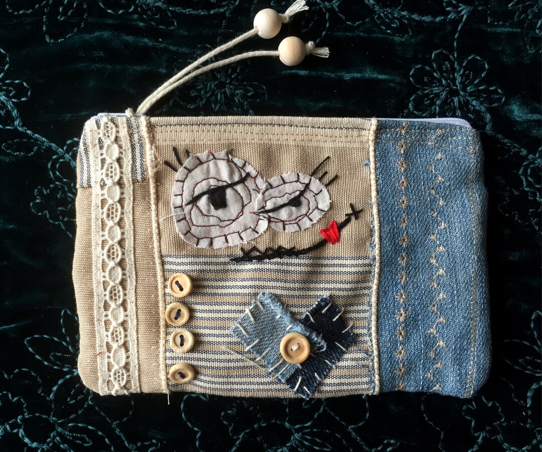 HANDMADE ZIPPER POUCH Embroidered Denim Cotton Fabric Pencils Etsy
