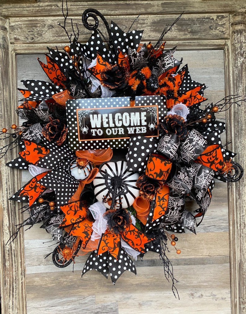 Halloween decor polka dot decor spider decorations fall wreath halloween wreath halloween,