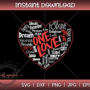 One Love SVG, Plik do cięcia, Serce SVG, Pliki do cięcia SVG dla sylwetki, Cricut, Natychmiastowe pobieranie